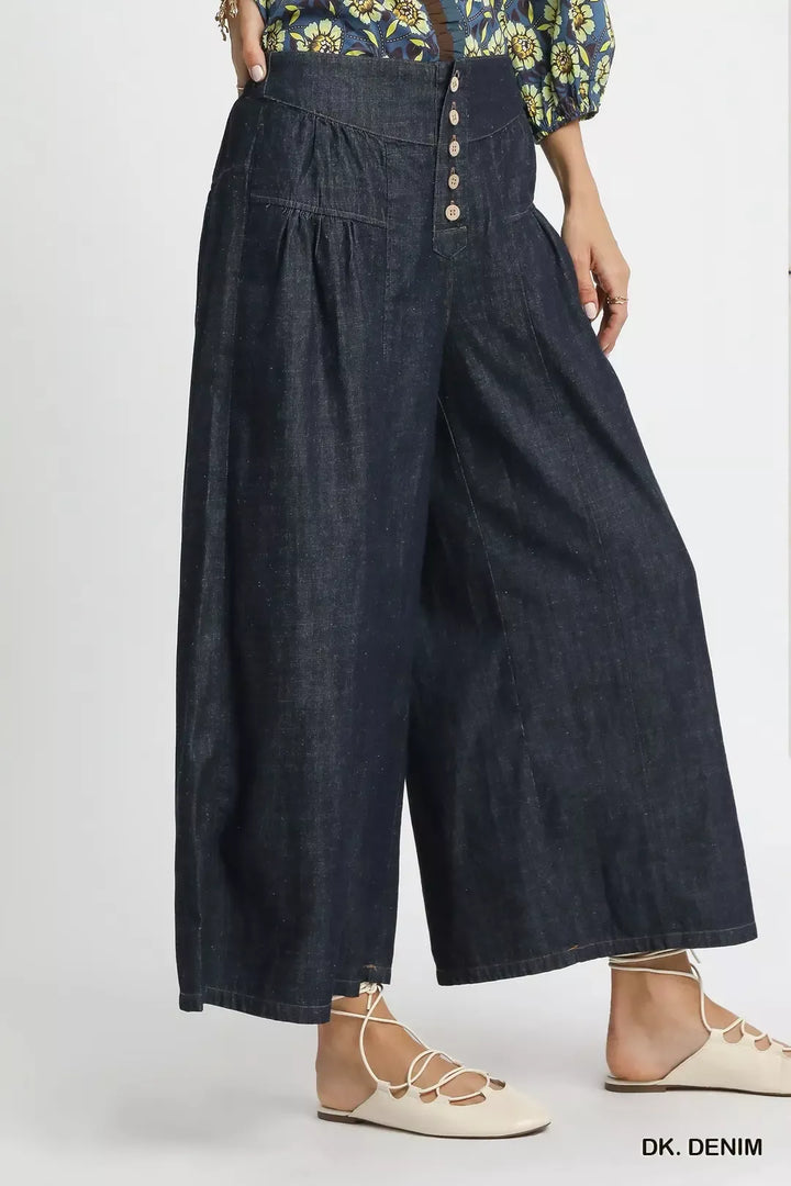 High-rise wide-leg button-front denim culottes