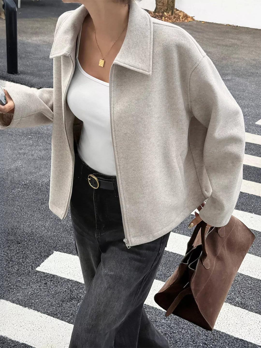 Zip-up dropped shoulder jacket with collar