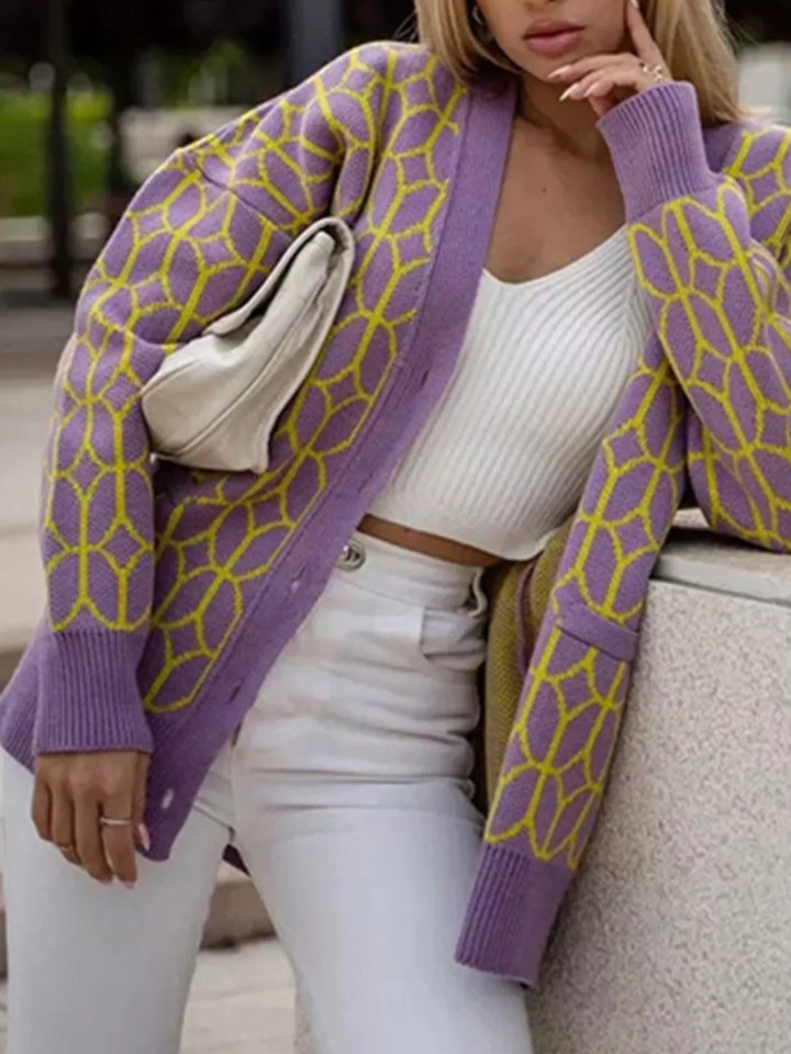 Oversized geometric knit button-down cardigan with pockets