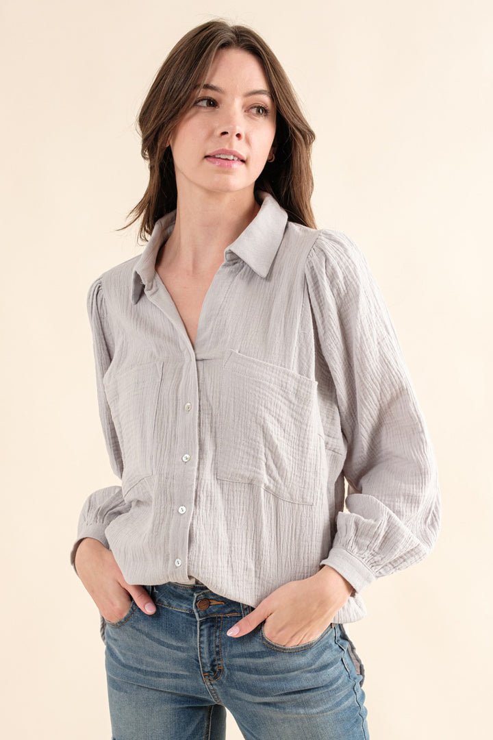 Marseille Textured Gauze Button Down Puff Sleeve Blouse