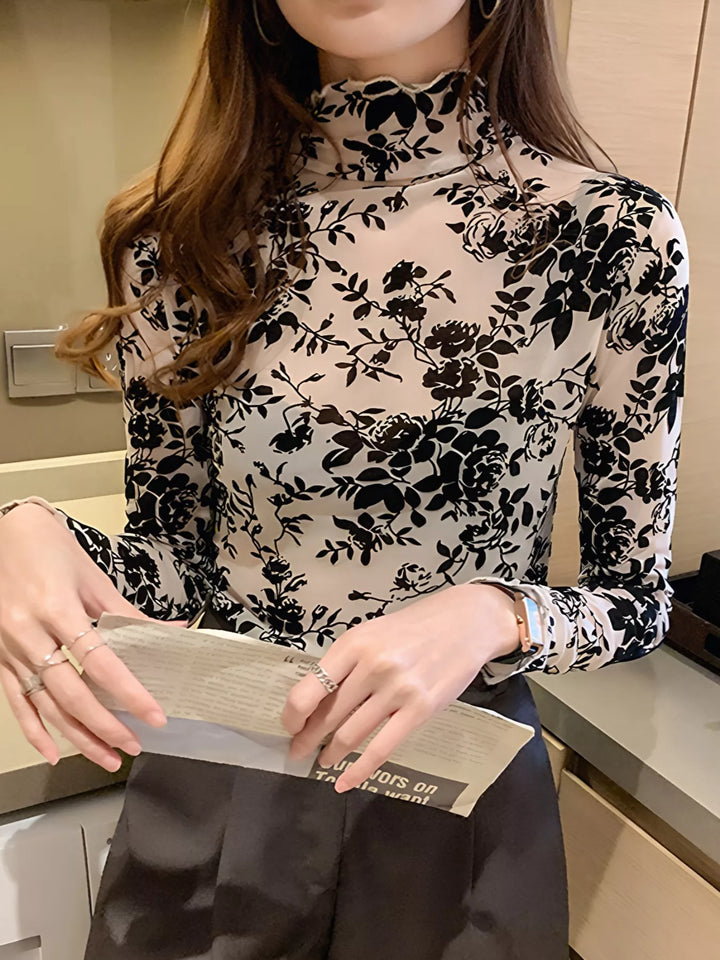Apricot Sheer floral mesh mock neck long sleeve top