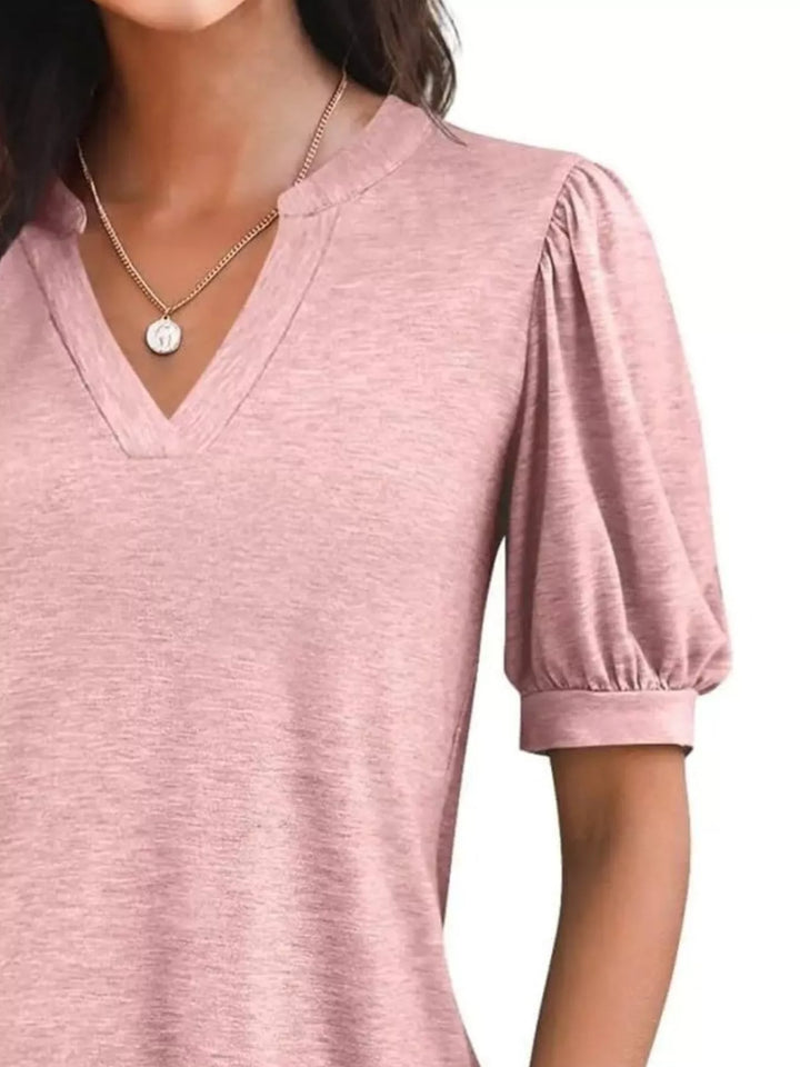 Short puff sleeve notched V-neck casual tee