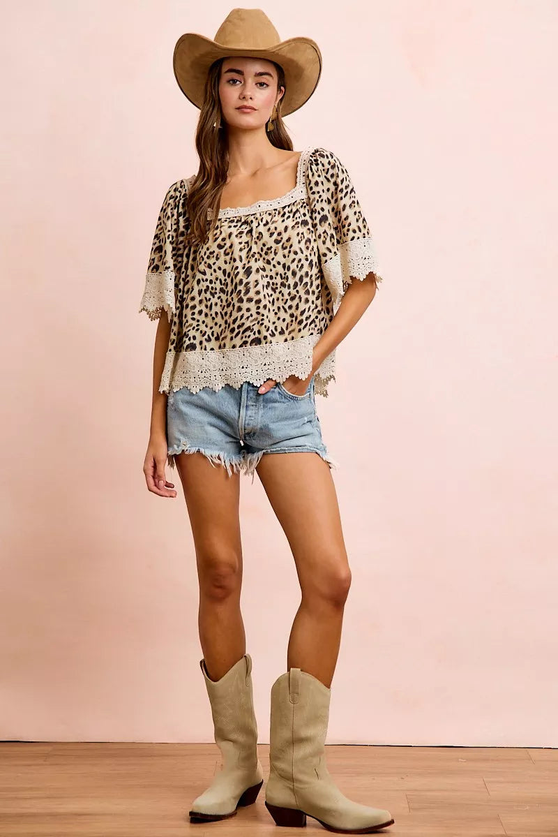 Leopard print square neck top with crochet lace trim