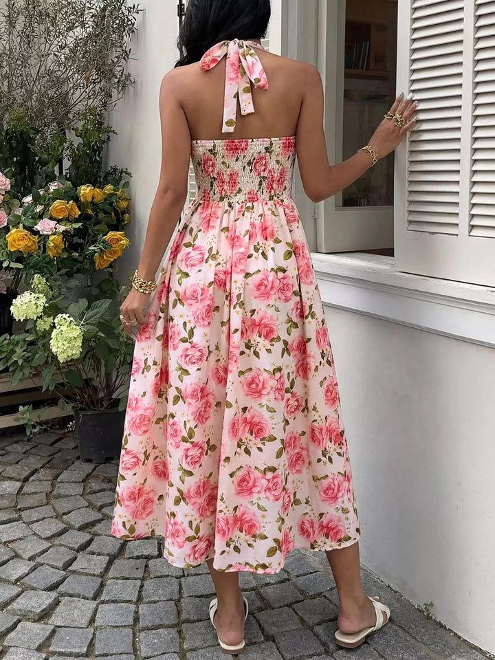 Rose print halter neck midi dress with smocked bodice