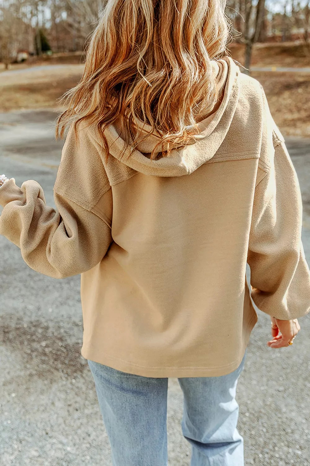 Zip-up hooded fleece jacket with flap pockets
