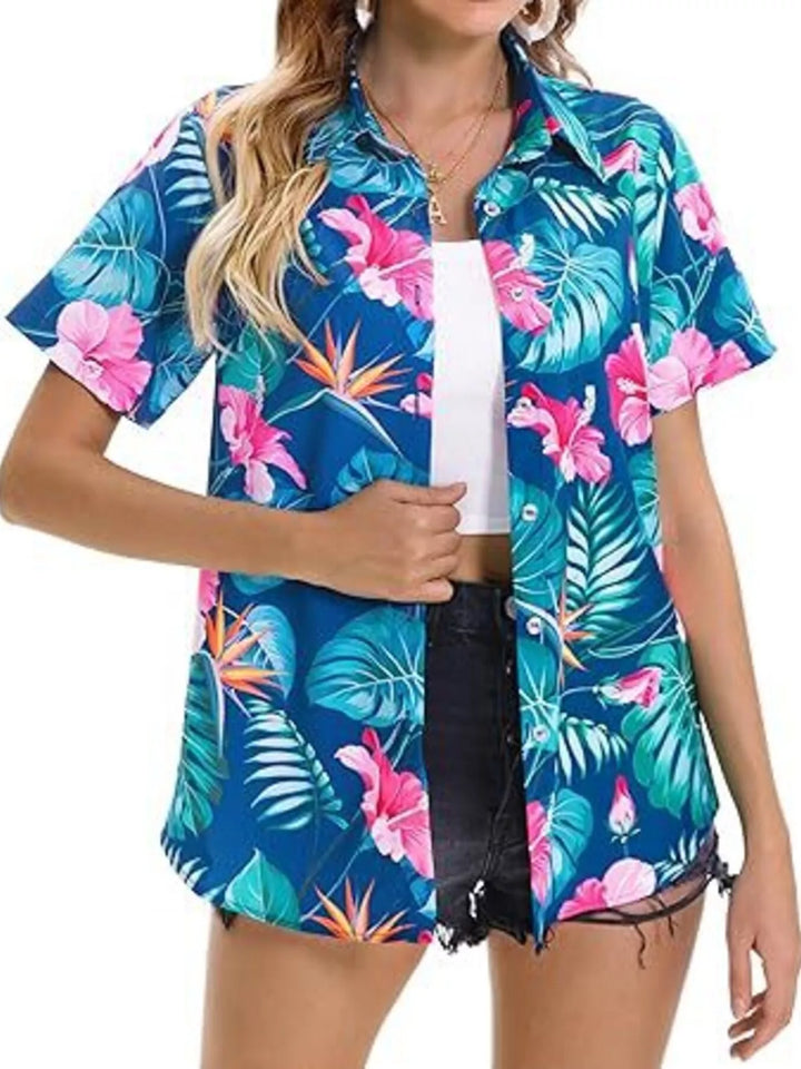 Sky Blue Tropical hibiscus print short sleeve button-up shirt