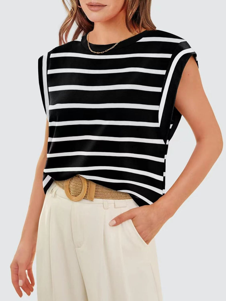 Striped cap-sleeve crew neck muscle tank top