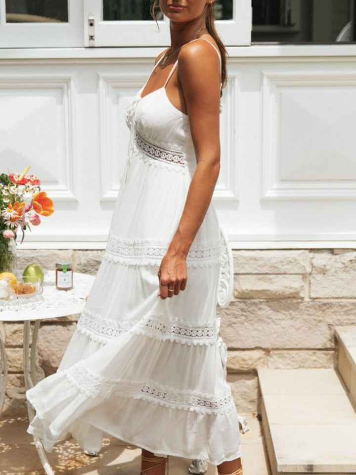 Lace-trim tiered midi cami dress with tie front