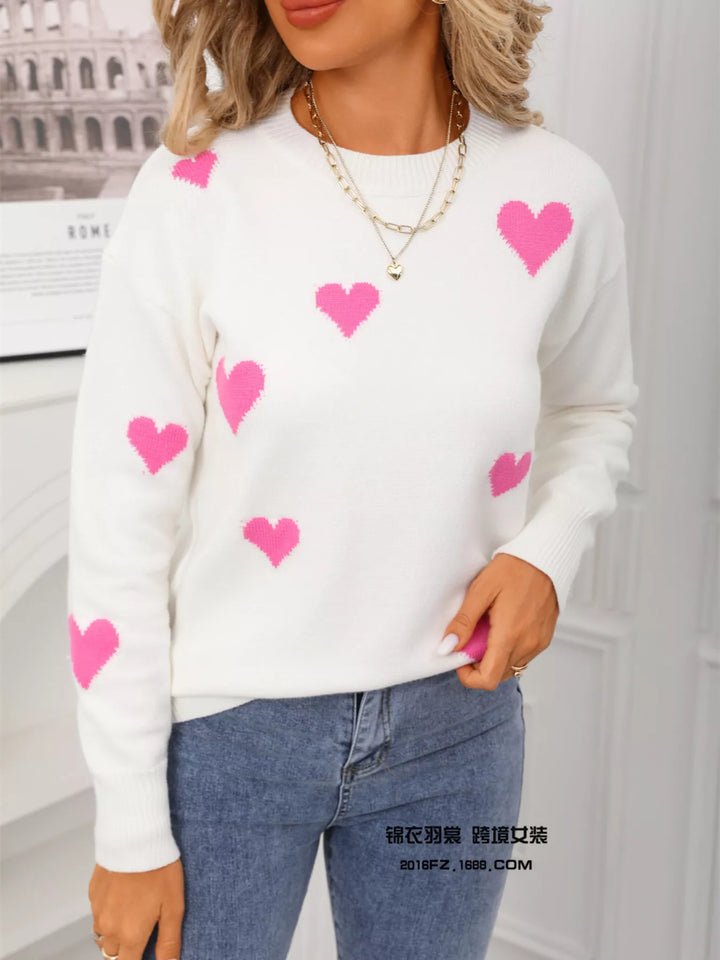 White Contrast heart knit crewneck pullover sweater
