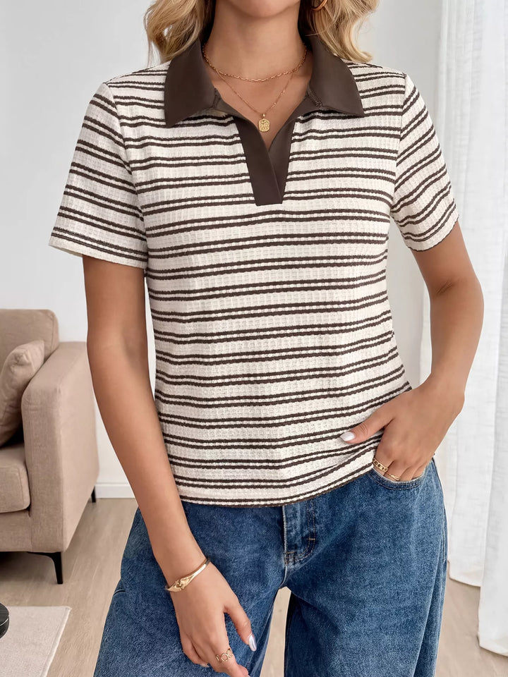 Brown Striped textured knit top with contrast polo collar