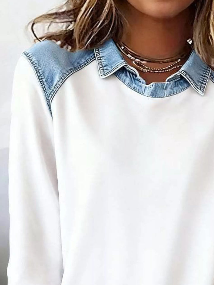 Denim-trim long sleeve crew neck pullover top