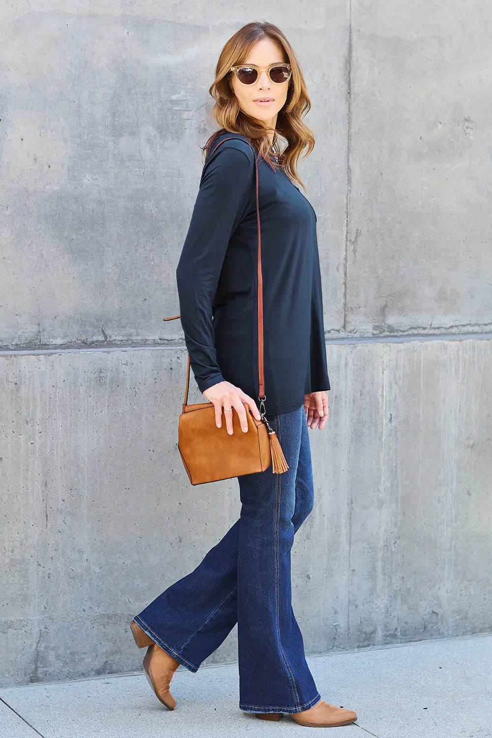 Long sleeve round neck tunic top with chest pocket