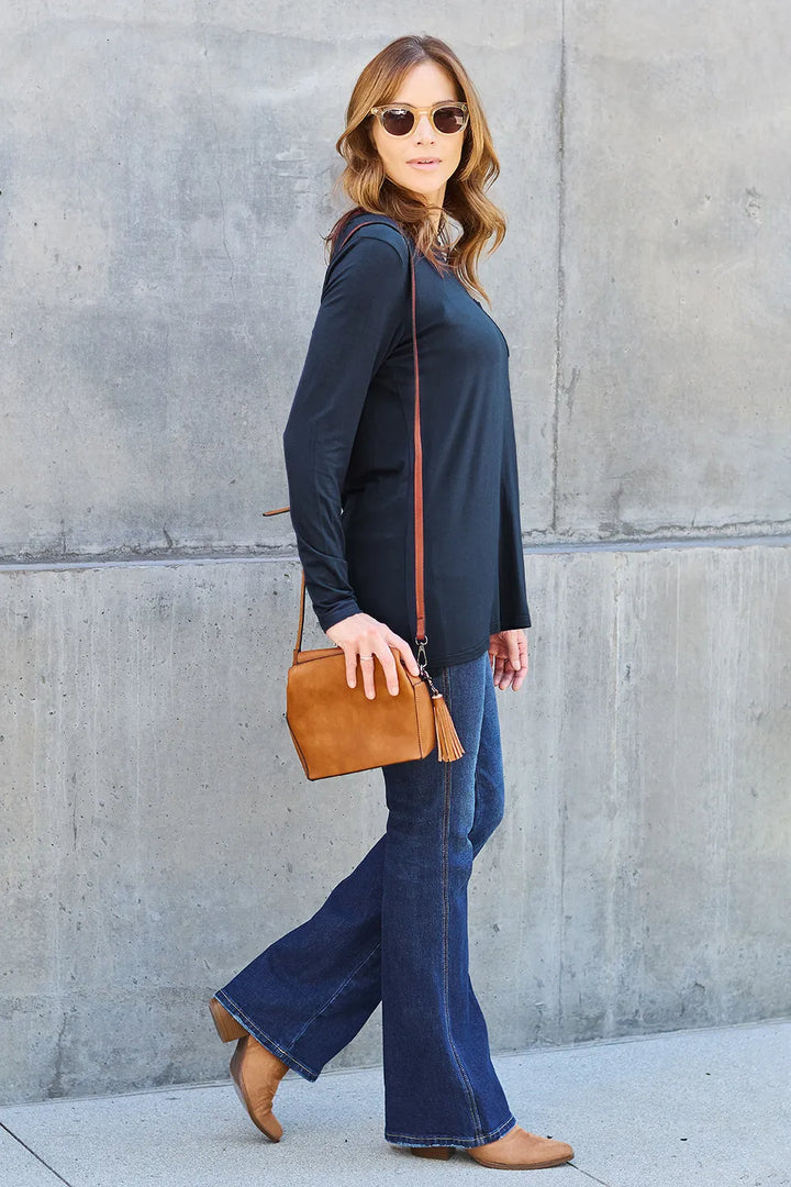 Long sleeve round neck tunic top with chest pocket