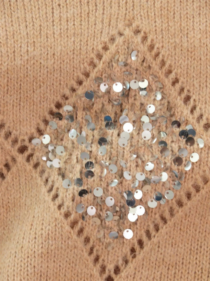 Sequined diamond pointelle knit oversized sweater