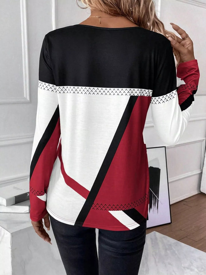 Geometric color block long sleeve crew neck top