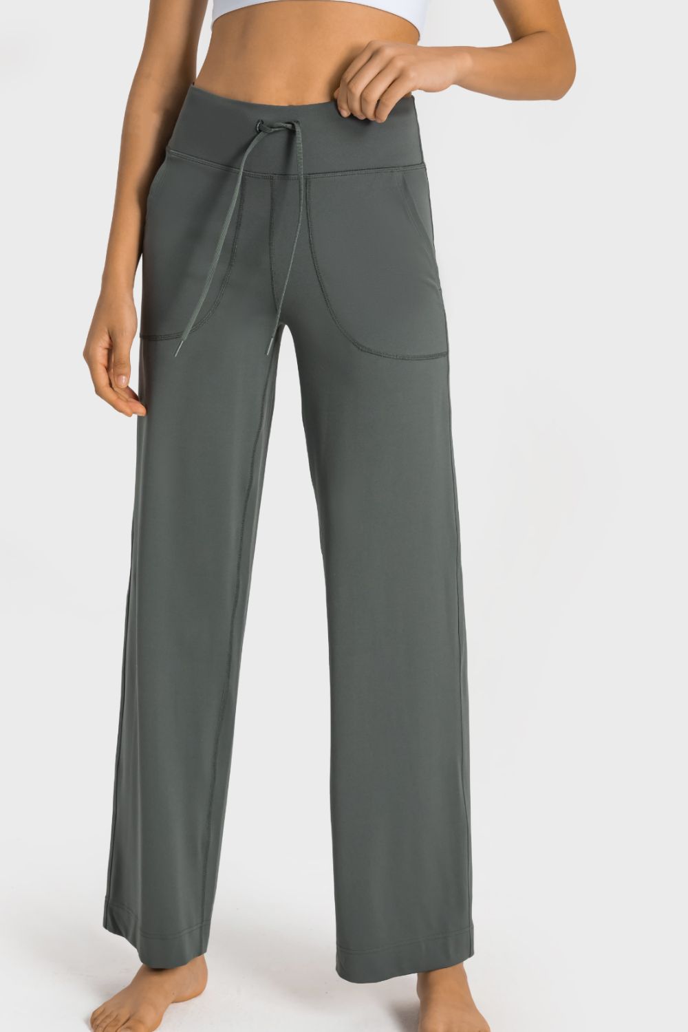 High-waist drawstring wide leg pants with patch pockets