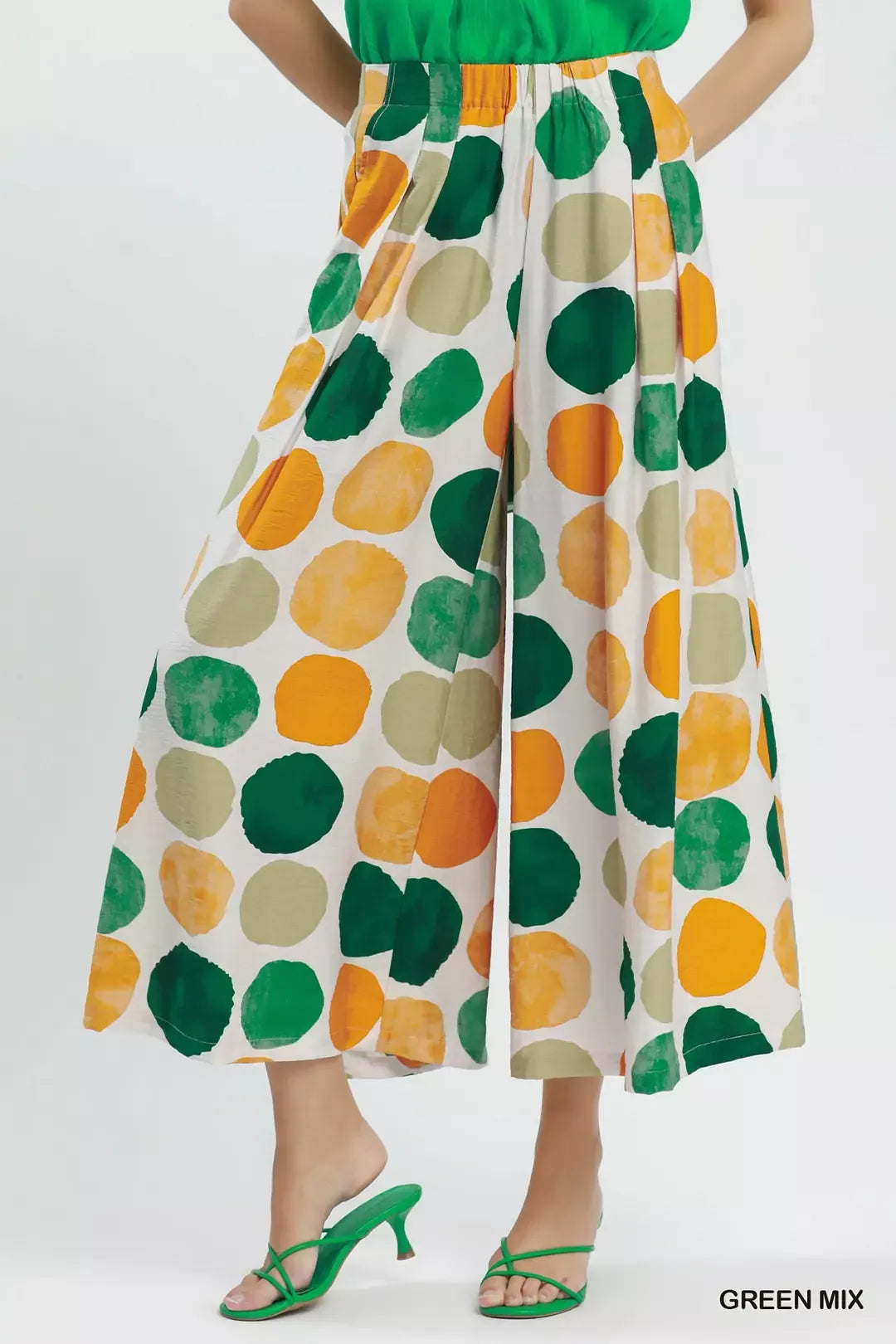 GREEN MIX Oversized dot print wide leg pants with elastic waist