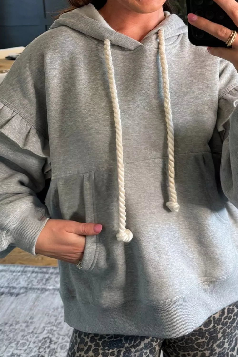 Ruffle-trim drawstring pullover hoodie with kangaroo pocket