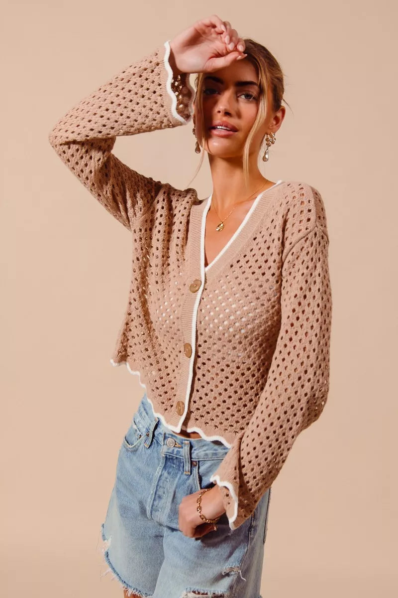 Open knit button-front cardigan with scallop contrast trim