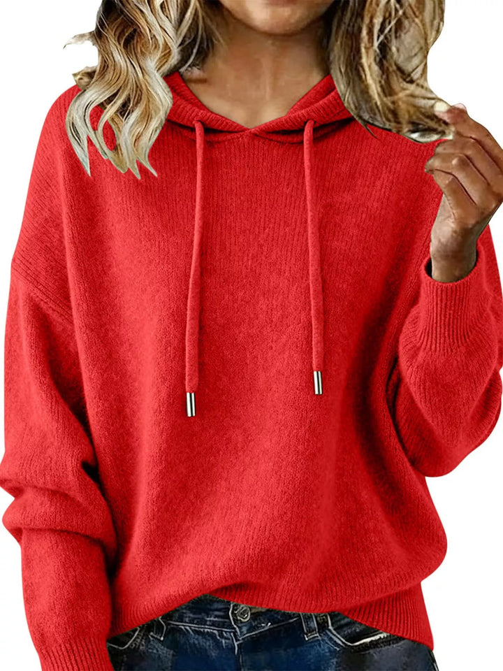 Chinese Red Drawstring hooded knit sweater with ribbed cuffs