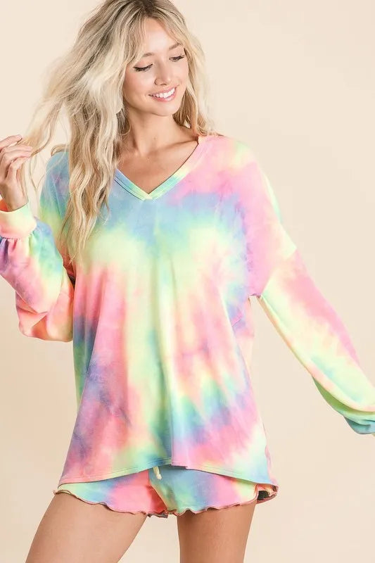 Tie-dye French terry V-neck top with balloon sleeves