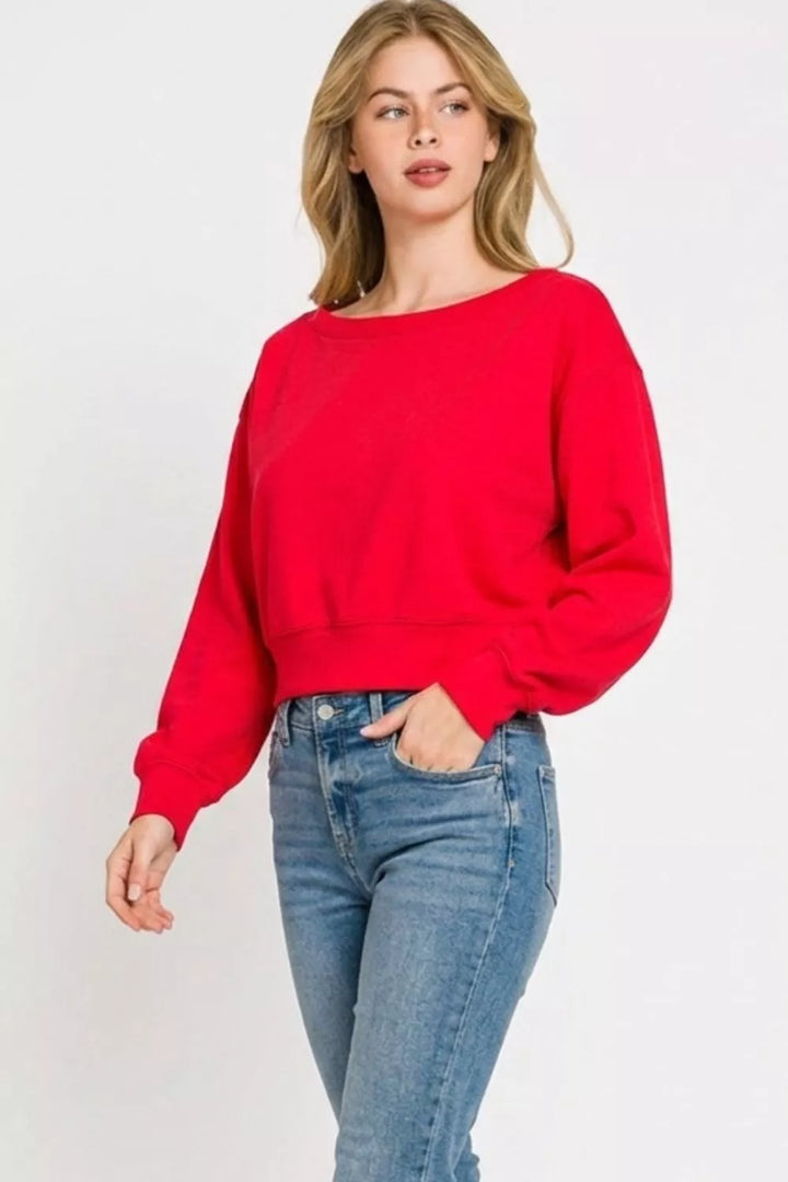 Long sleeve cropped boat neck scuba sweatshirt