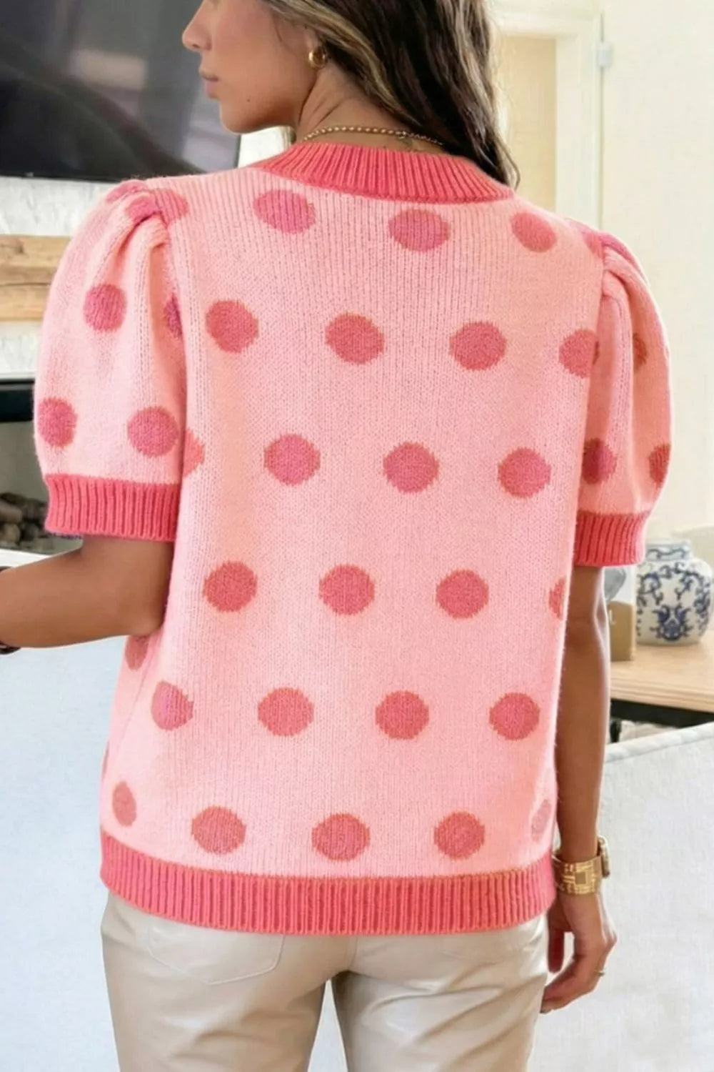 Polka dot puff sleeve v-neck knit sweater top