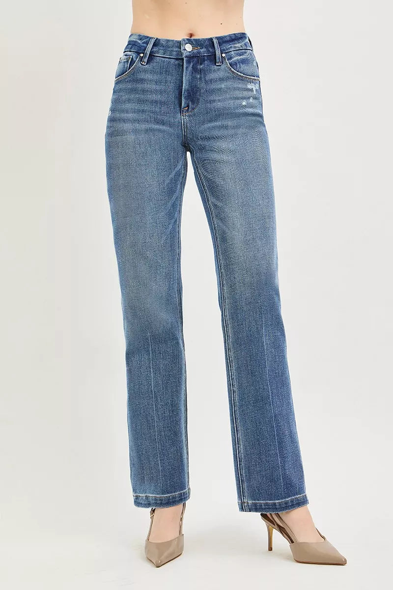 Tummy control mid-rise straight leg jeans with crease line