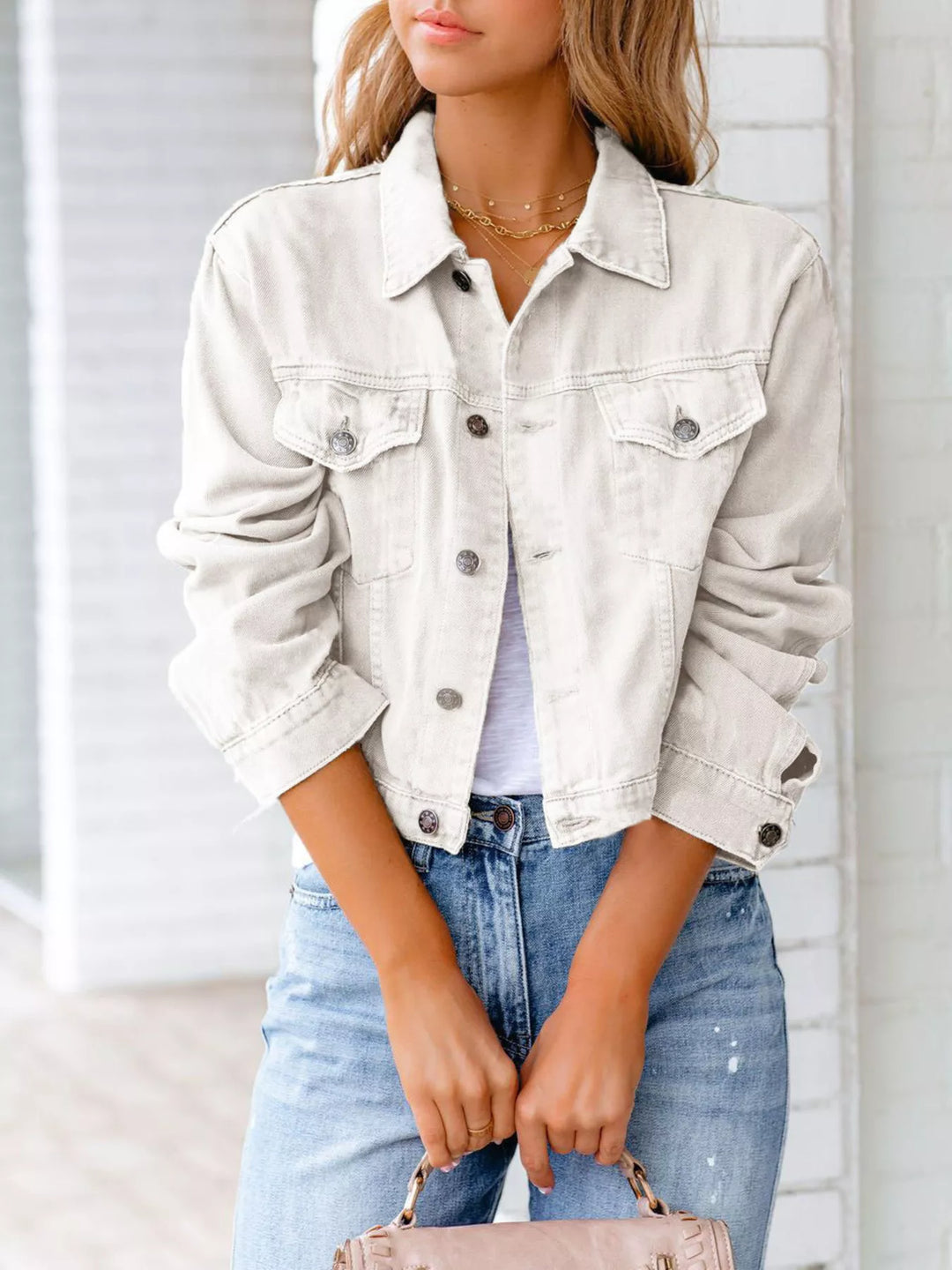 White Cropped button-up denim jacket with chest pockets