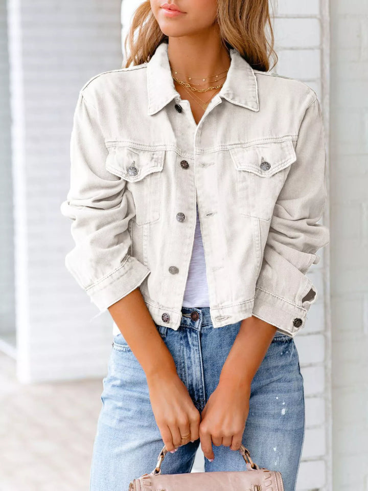 White Cropped button-up denim jacket with chest pockets