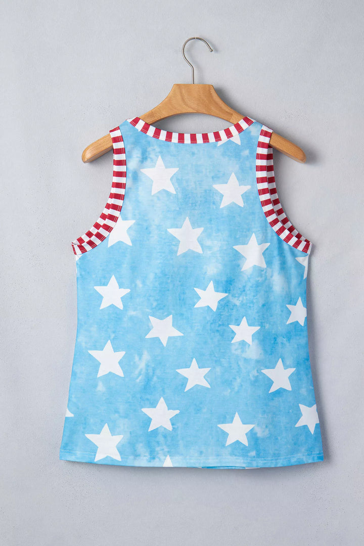 Star print tie-dye tank top with striped trim