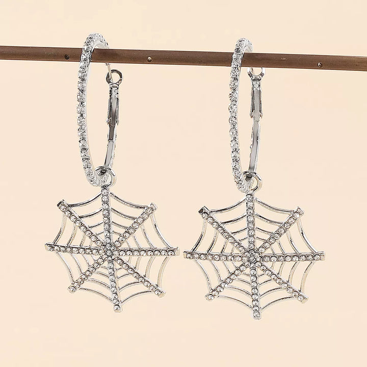 Rhinestone spider web dangle hoop earrings