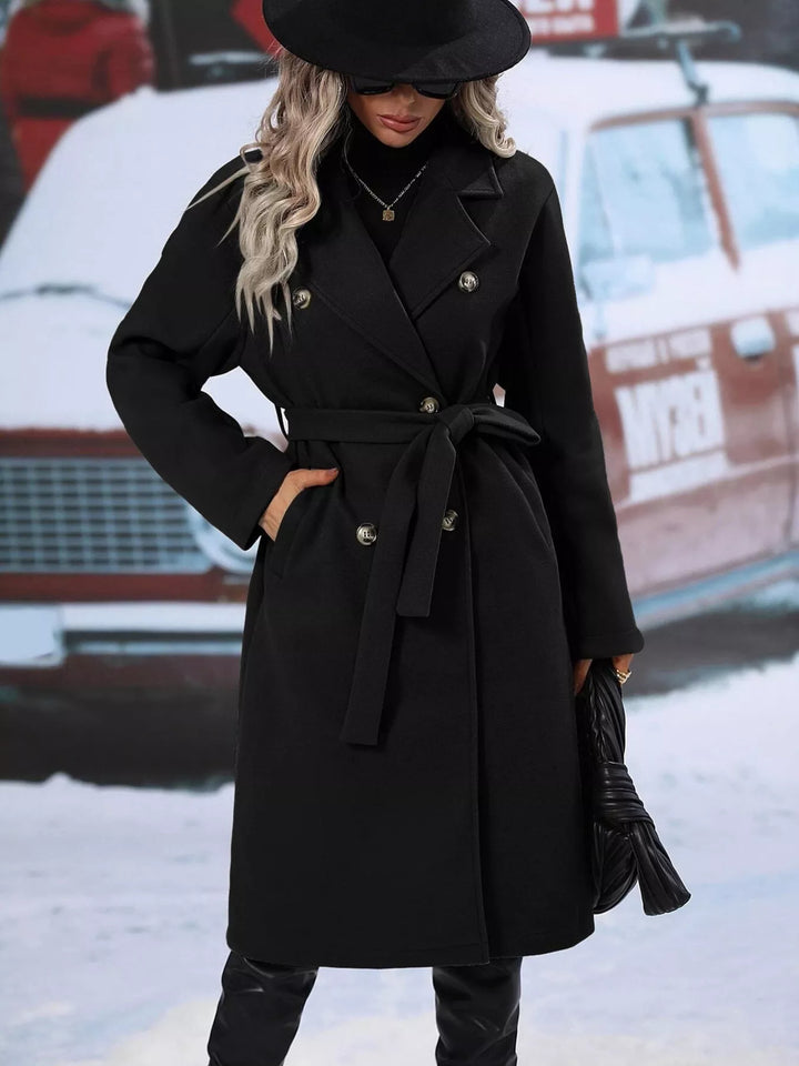 Double-breasted belted longline overcoat with lapel collar