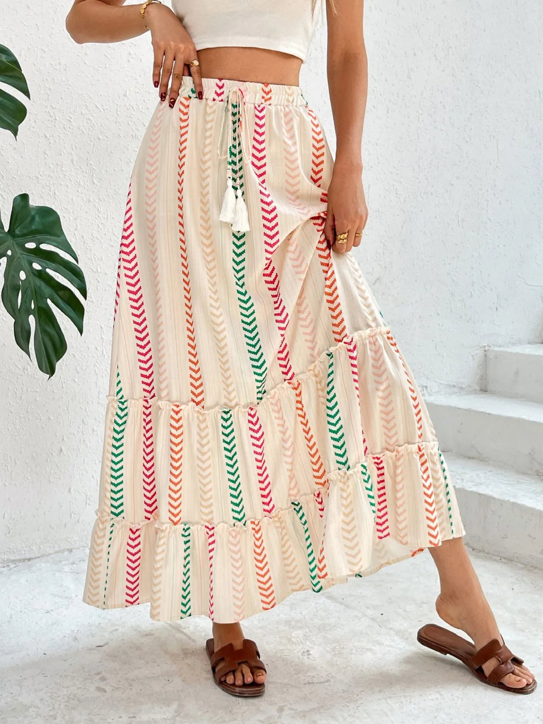 Multicolor Striped print tiered maxi skirt with tassel tie waist