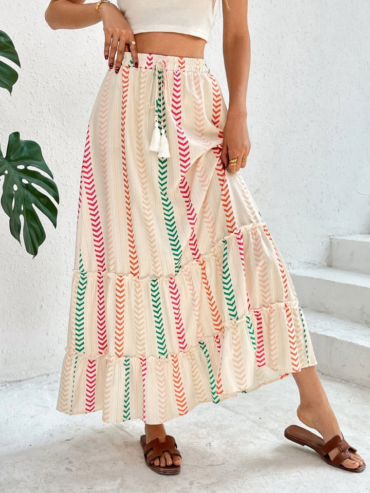 Multicolor Striped print tiered maxi skirt with tassel tie waist