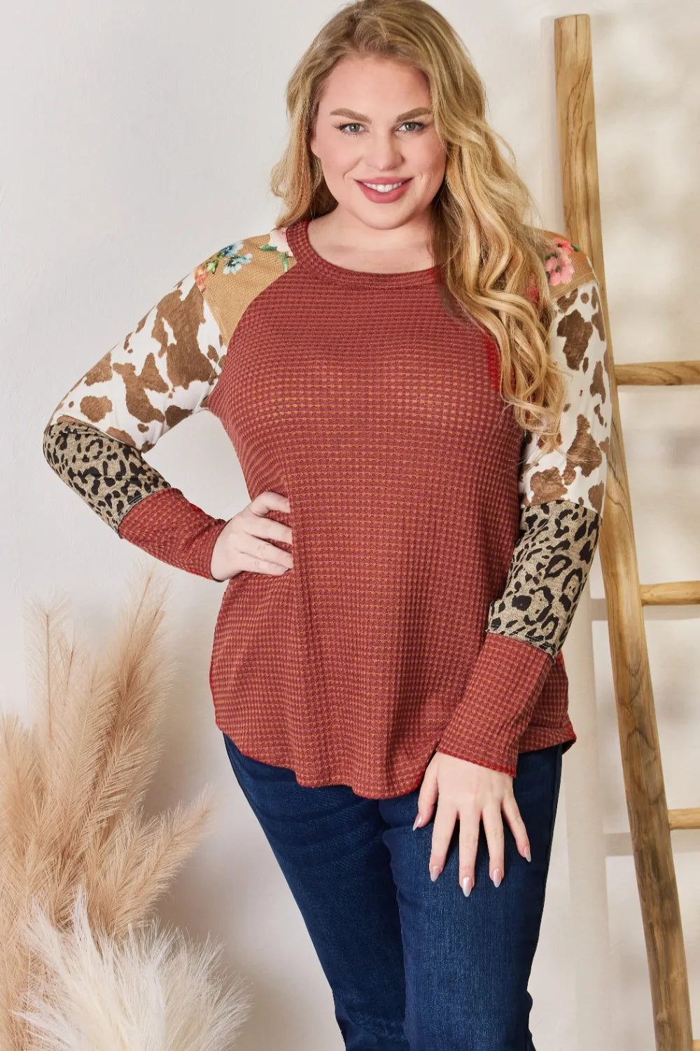 RUST Waffle-knit top with leopard and floral print sleeves