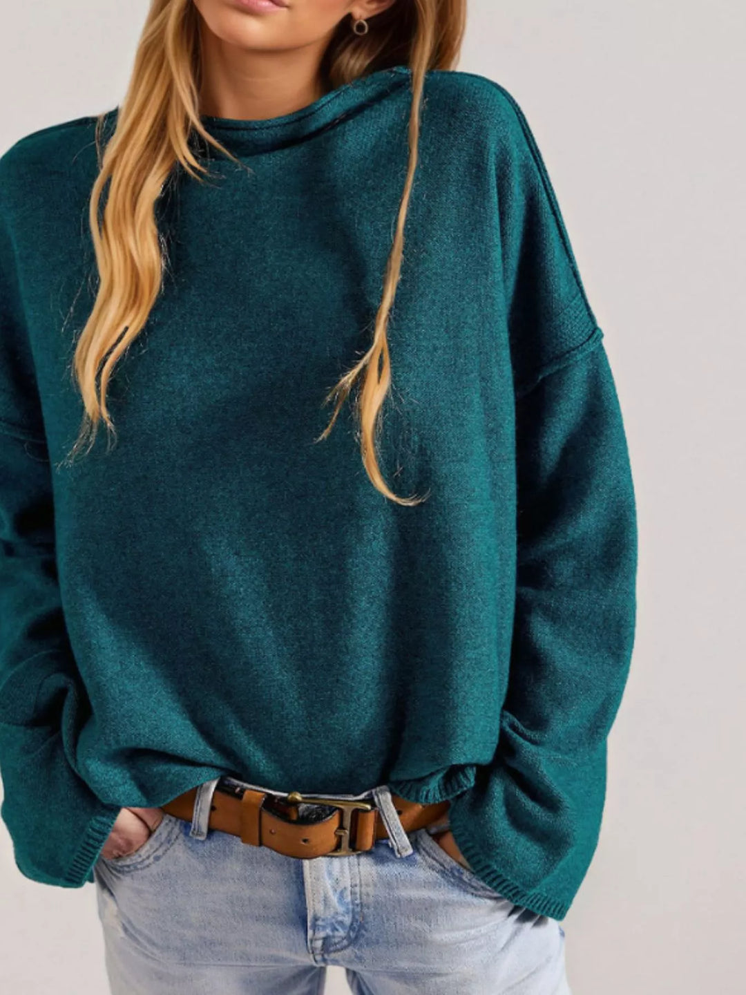 Deep Teal Exposed seam oversized knit sweater with wide sleeves