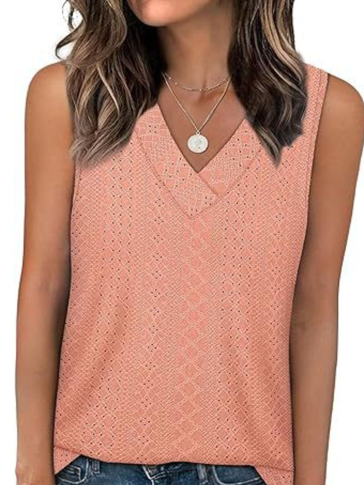 Watermelon pink Eyelet V-neck sleeveless tank with diamond texture