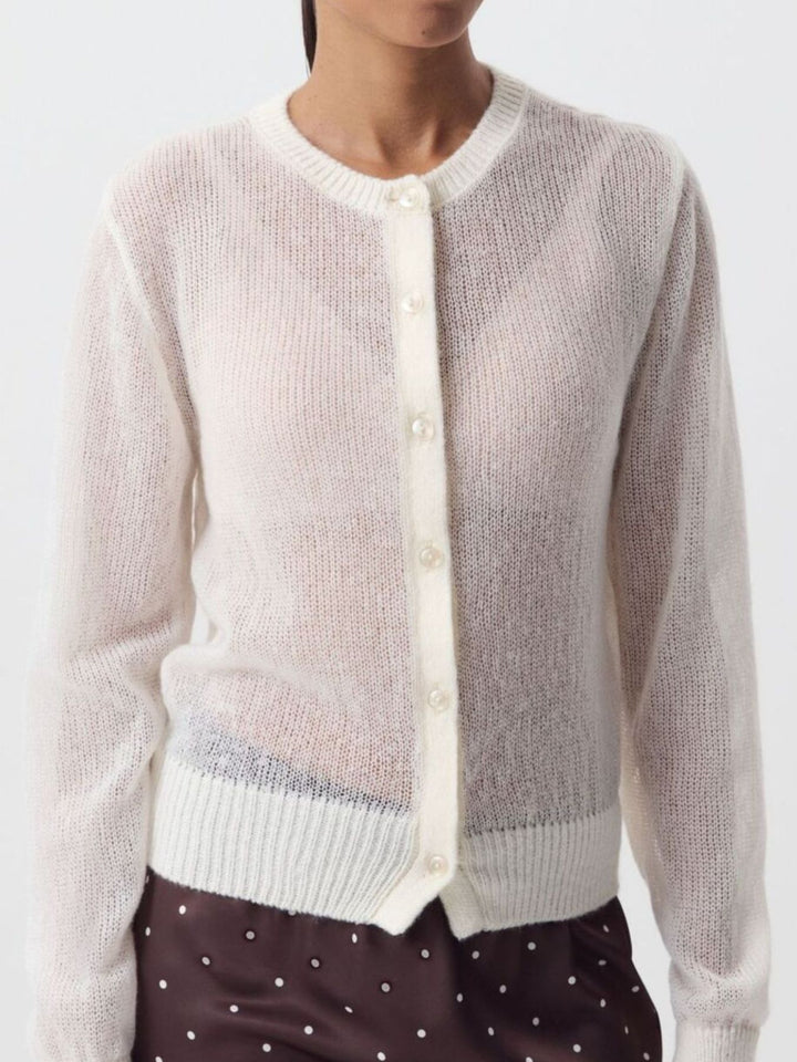 Sheer open-knit button-front cardigan with long sleeves