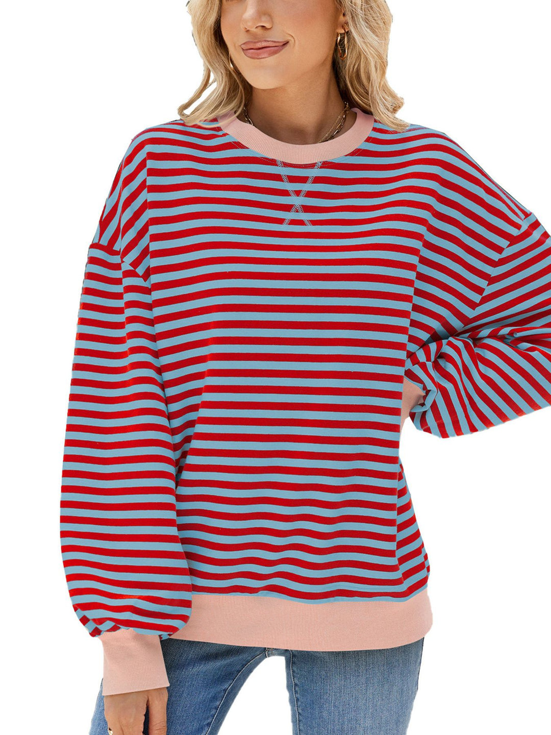 Dusty Pink Striped crew neck sweatshirt with contrast ribbed trim