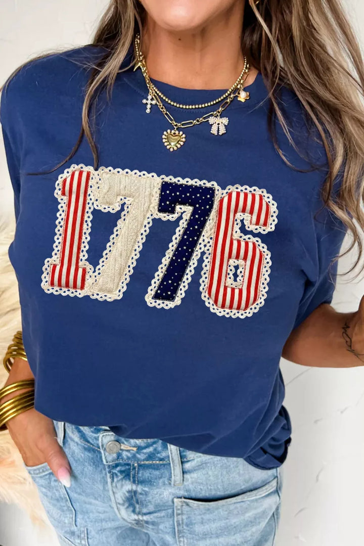1776 lace-trim flag appliqué crew neck graphic tee