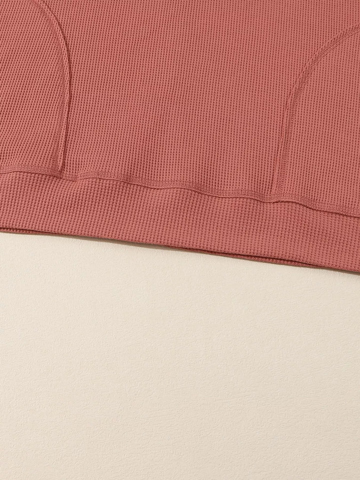 Waffle knit V-neck drawstring pullover hoodie