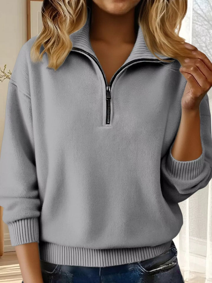 Gray Half-zip dropped-shoulder knit sweater with ribbed collar