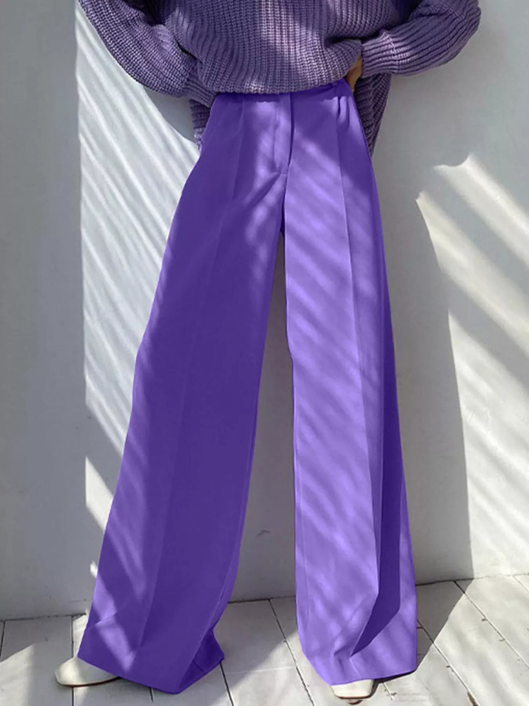 Purple Pleated wide-leg dress pants with high-rise waist