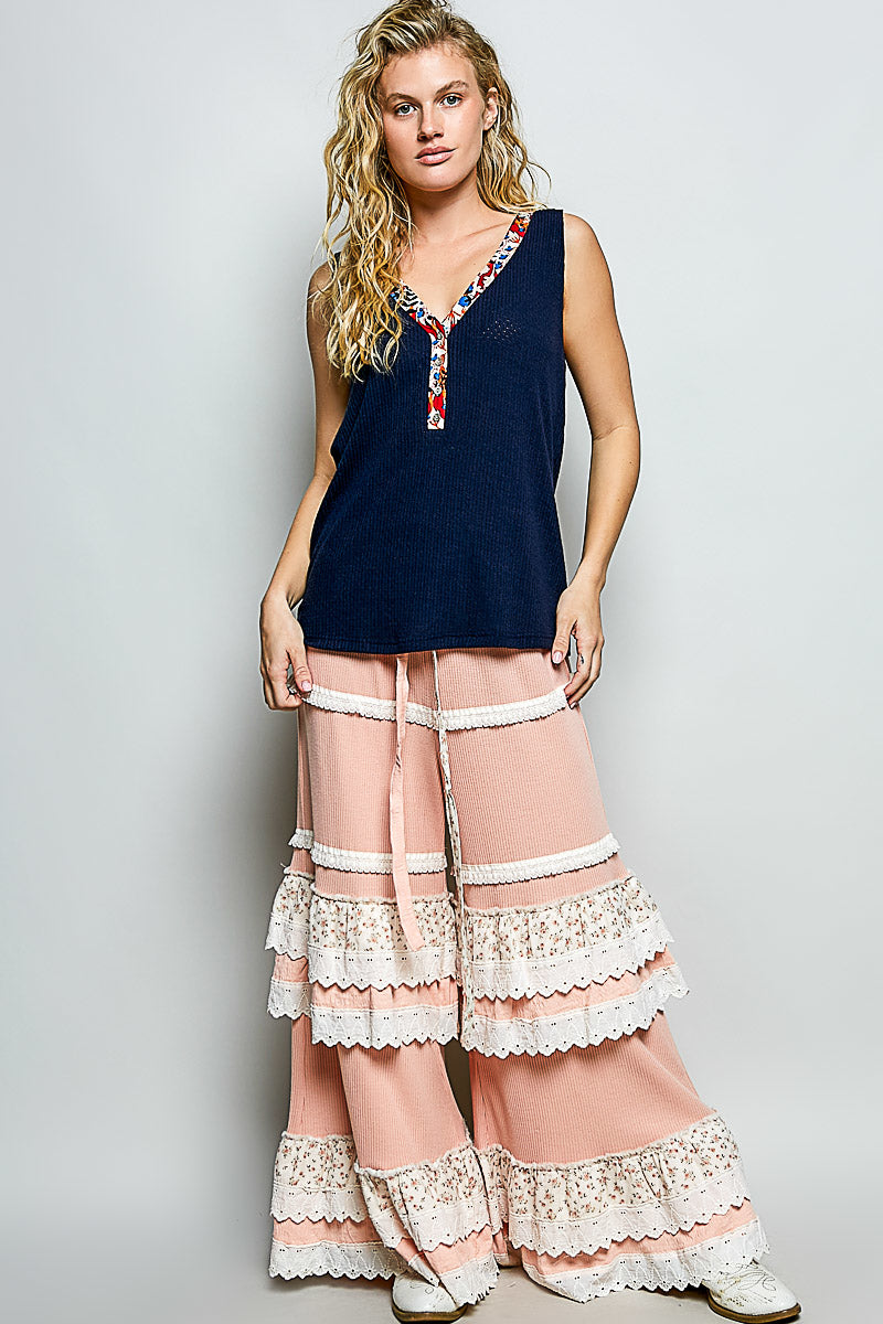 Ribbed v-neck tank with contrast floral neckband