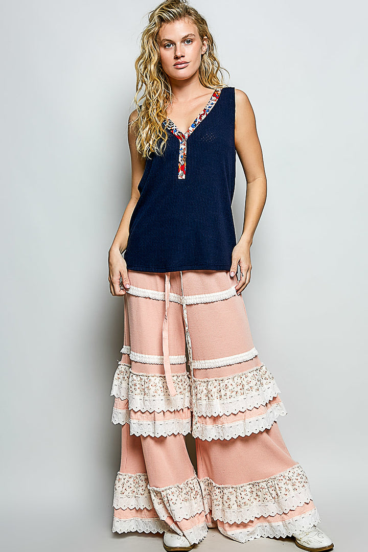 Ribbed v-neck tank with contrast floral neckband
