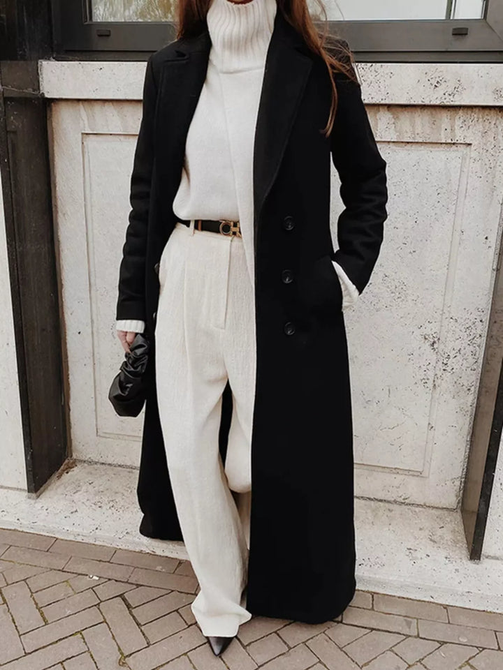 Black Double-breasted longline coat with notched lapels