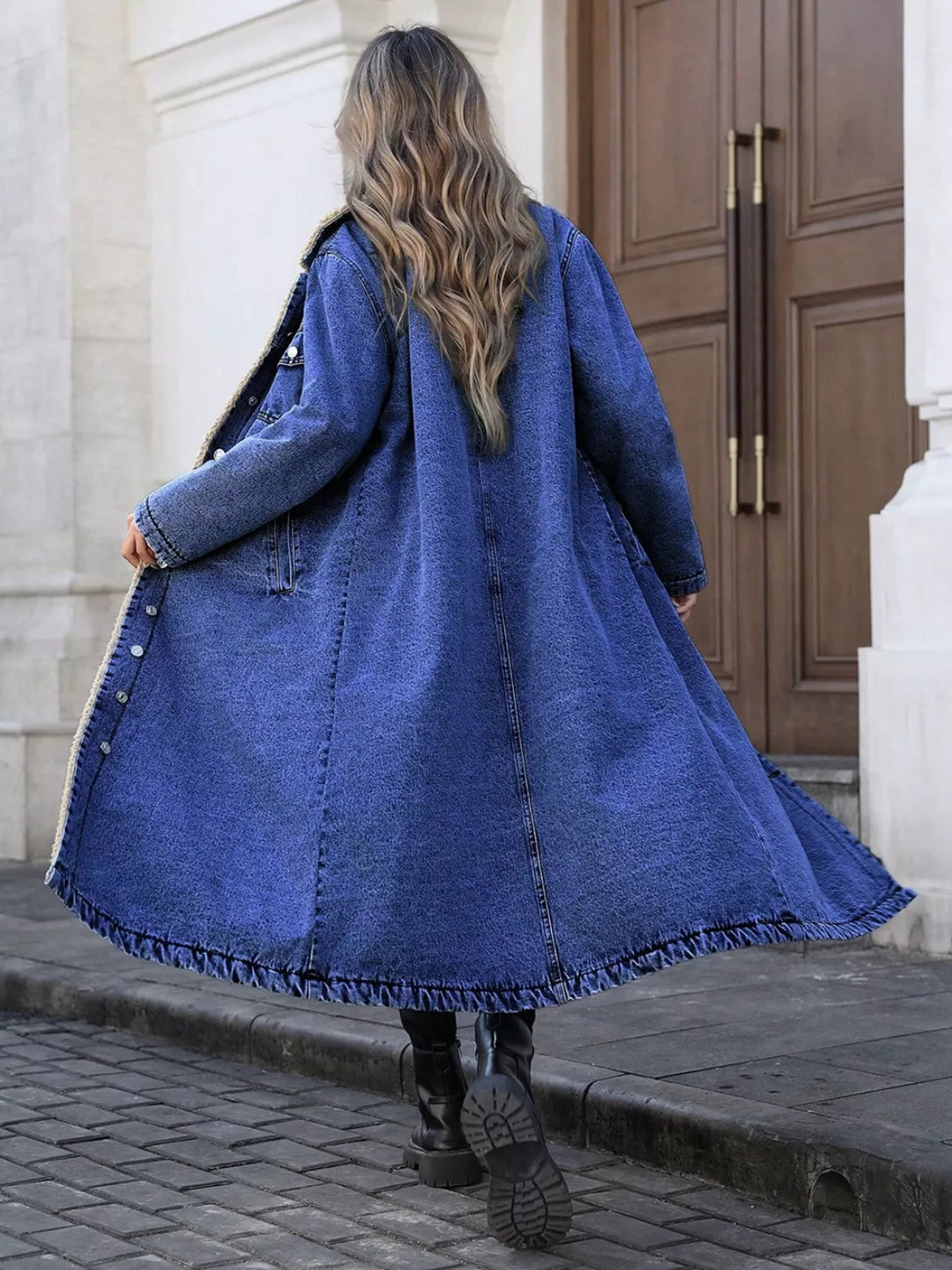 Sherpa-lined longline button-front denim jacket