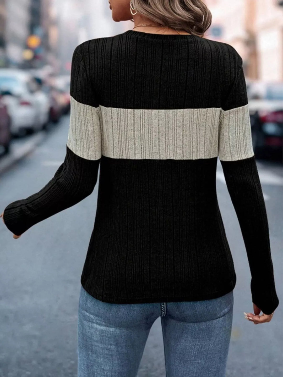 Color block ribbed knit long sleeve top