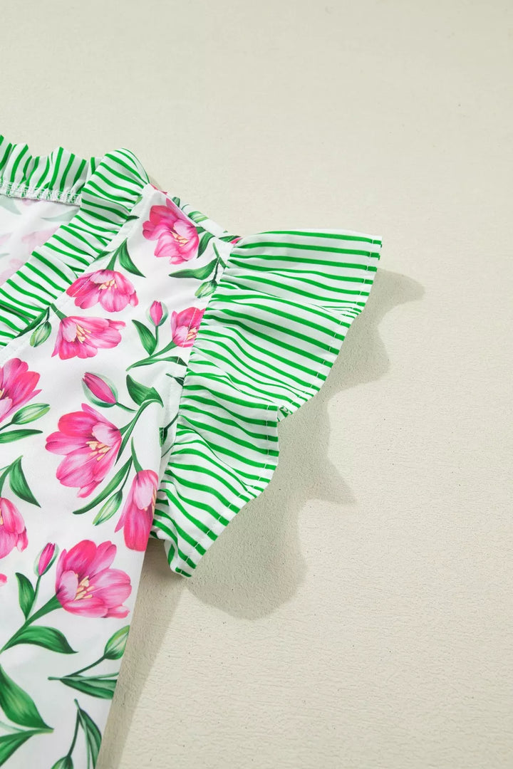 Floral print V-neck blouse with striped ruffle sleeves